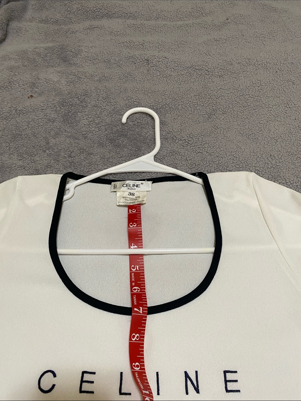 Celine White Scoop Neck Tee with Black Trim and Logo - Picture 9 of 11